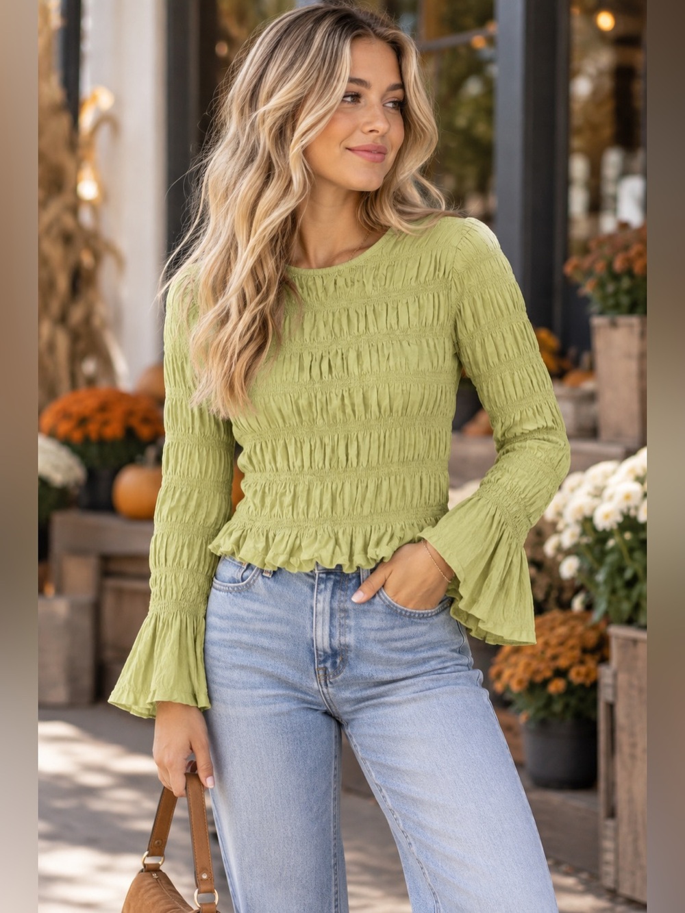 Boohoo Sage Green Smocked Ruffle Long Sleeve Top Boho Cottagecore US 8